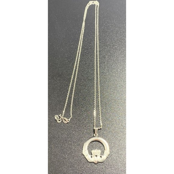 14k Ireland Claddagh Heart Hands Pendant White Gold Chain Link Necklace 17.5in - Picture 8 of 8